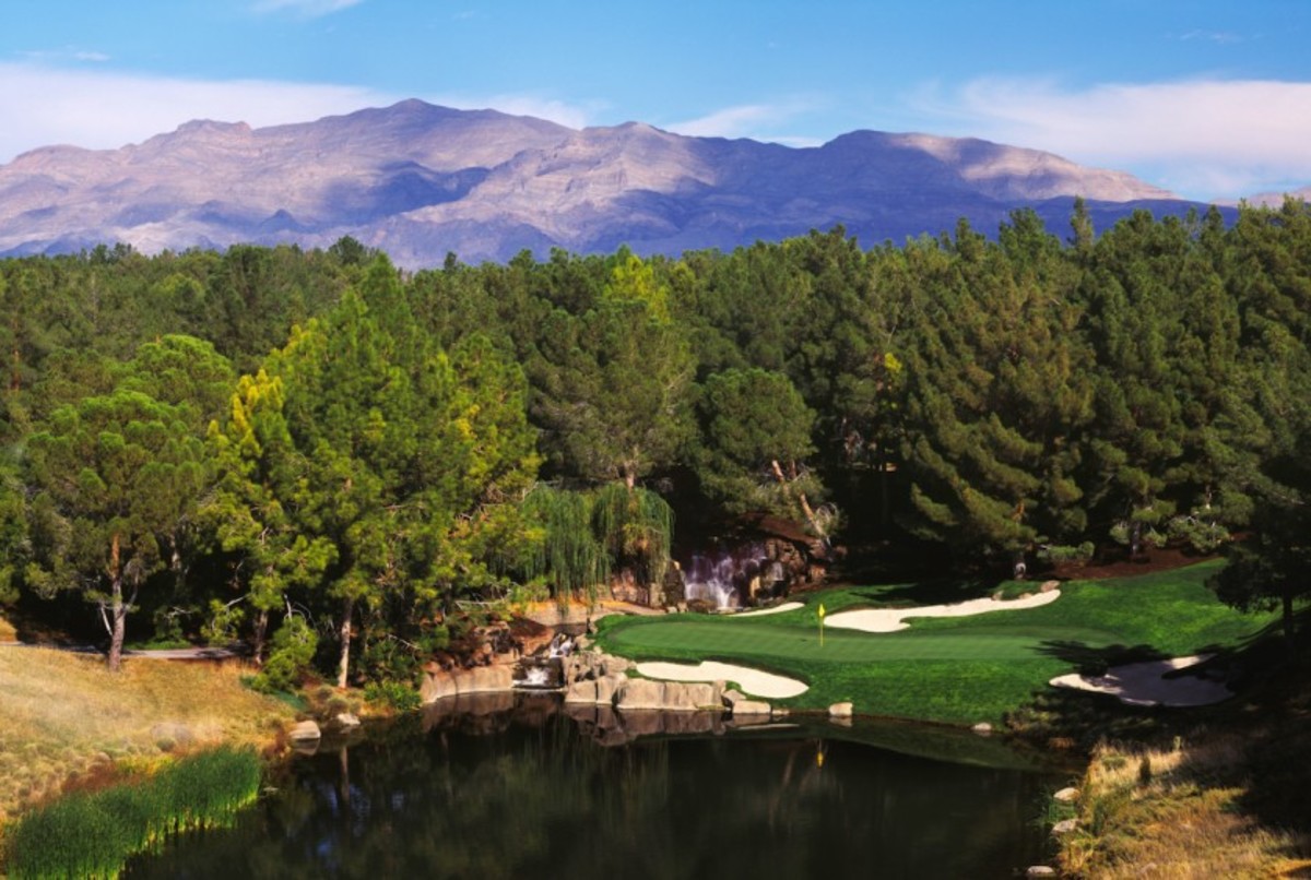 The par-3 17th hole at Shadow Creek Golf Course in Las Vegas, the site of this week’s CJ Cup at Shadow Creek on the PGA Tour